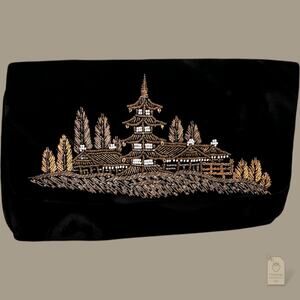 Vintage Handmade Fuji Bag Black Velvet Embroidered Clutch Purse